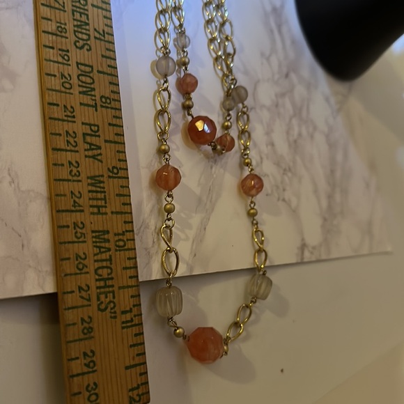 Double Necklace- Gold Chain, Pink, Clear Beads - Picture 4 of 4